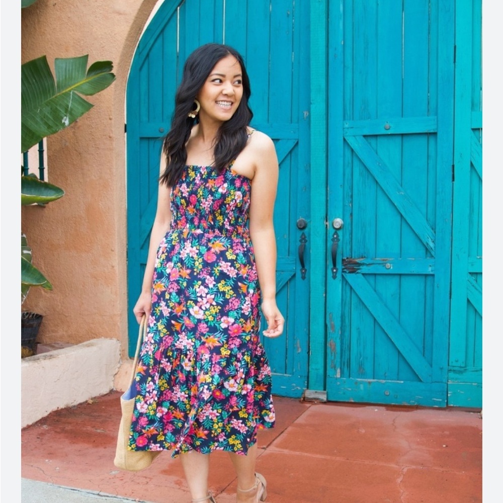 J. Crew Navy Floral Smocked Midi Sundress - Picture 3 of 7